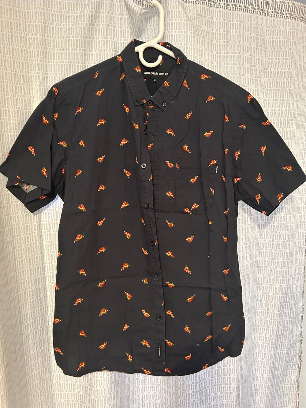 Men’s Navy Blue Short-Sleeve Pizza Print Button-Up Shirt
